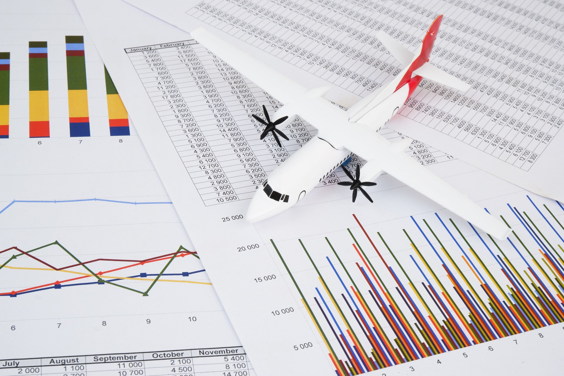 Airplane model on financial documents close up.
